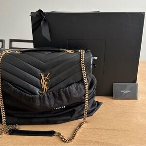 Saint Laurent Black Medium Loulou Shoulder Bag with Gold Chain